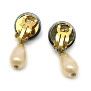 Chanel 1994 CC Black & Faux Teardrop Pearl Dangle Earrings