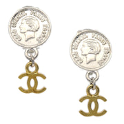 Chanel Medallion Dangle Earrings Gold Silver Clip-On 97P