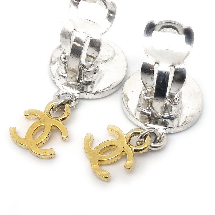 Chanel Medallion Dangle Earrings Gold Silver Clip-On 97P