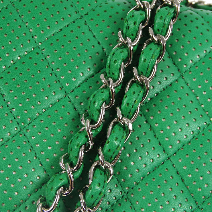 Authentic Chanel Green Perforated Leather CC Logo Long Full Flap