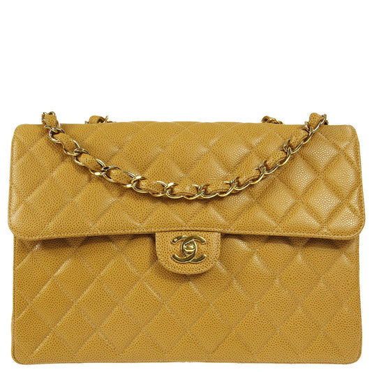 Chanel 2001-2003 * Beige Caviar Jumbo Classic Flap Shoulder Bag