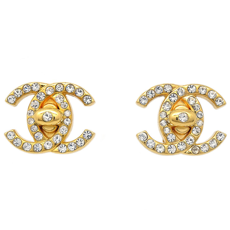 Chanel 1996 Crystal & Gold CC Turnlock Earrings Clip-On Small