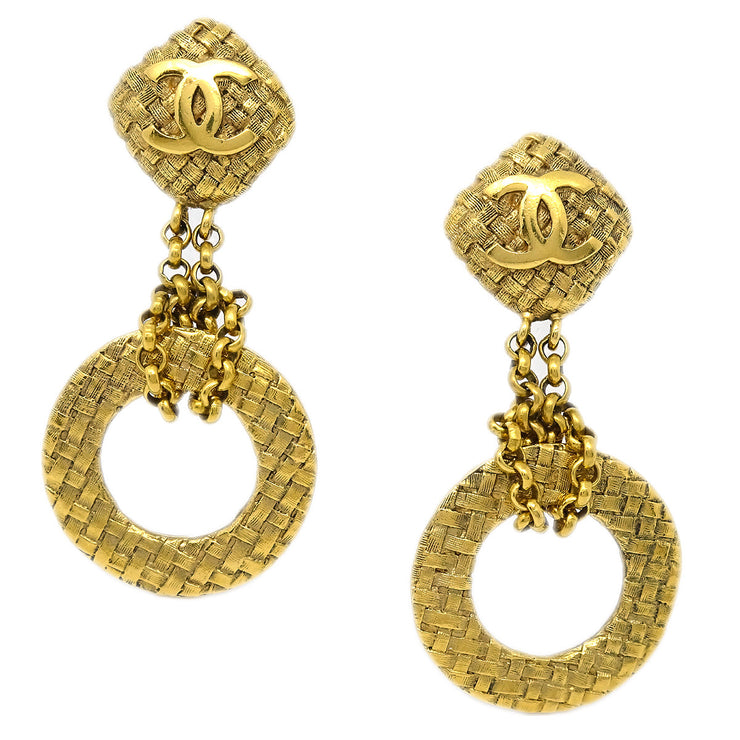 Chanel 1994 Dangle Hoop Woven CC Earrings Clip-On Gold 2881