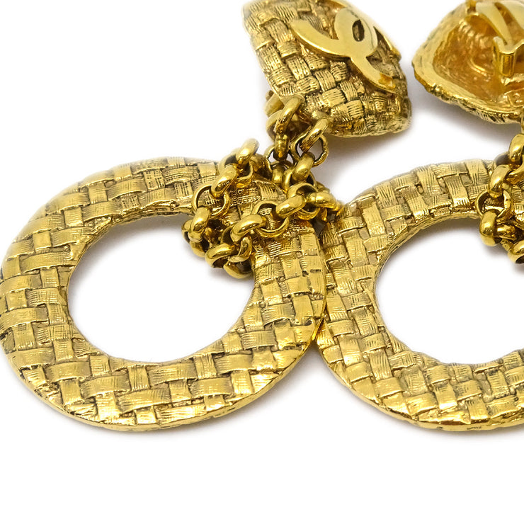 Chanel 1994 Dangle Hoop Woven CC Earrings Clip-On Gold 2881