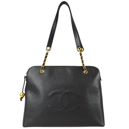 Chanel 1994-1996 Black Caviar Chain Shoulder Tote Bag