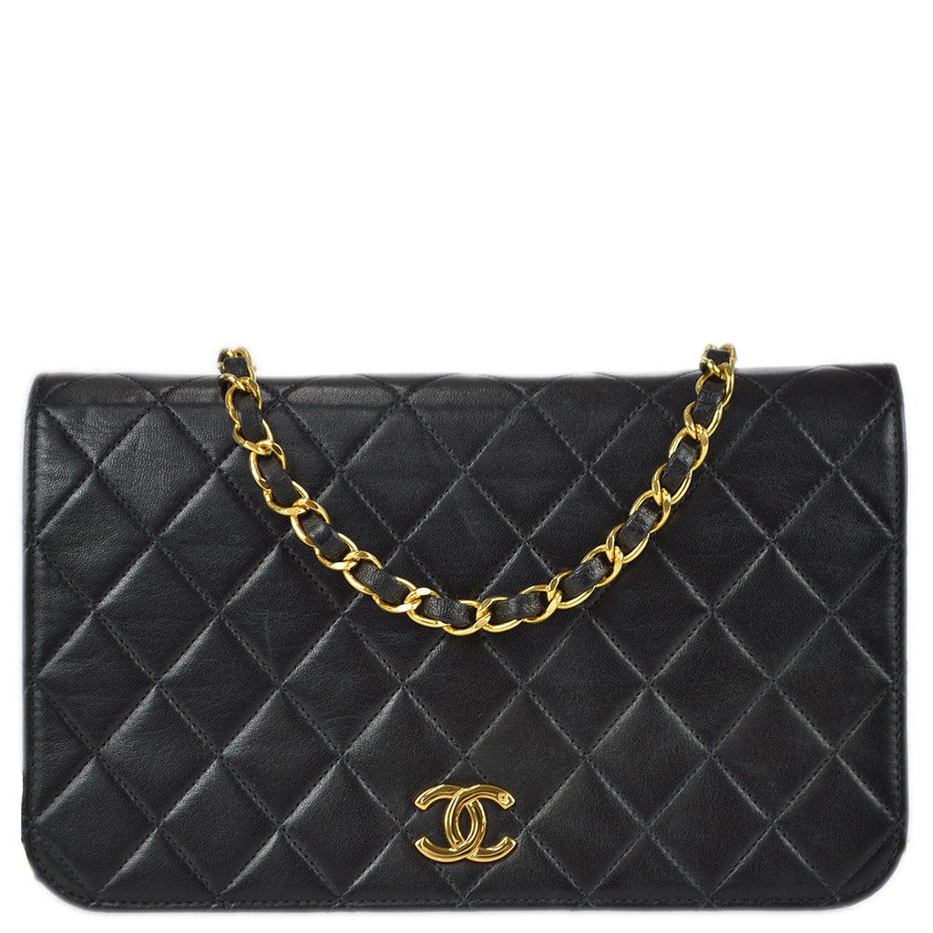 Chanel 1996-1997 Black Lambskin Pushlock Small Full Flap Shoulder Bag