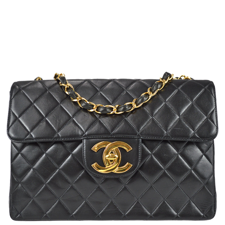 Chanel 1997-1999 Black Lambskin Jumbo Classic Flap Shoulder Bag