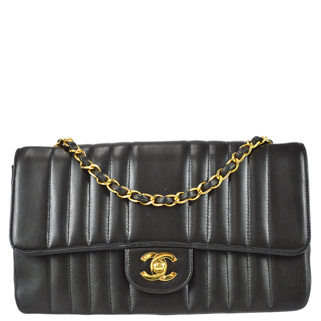 Chanel 1991-1994 Black Lambskin Medium Vertical Stitch Flap Bag