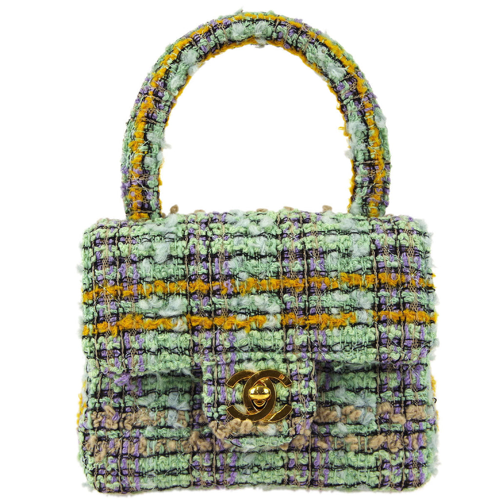 Chanel * 1991-1994 Green Tweed Micro Classic Flap Handbag
