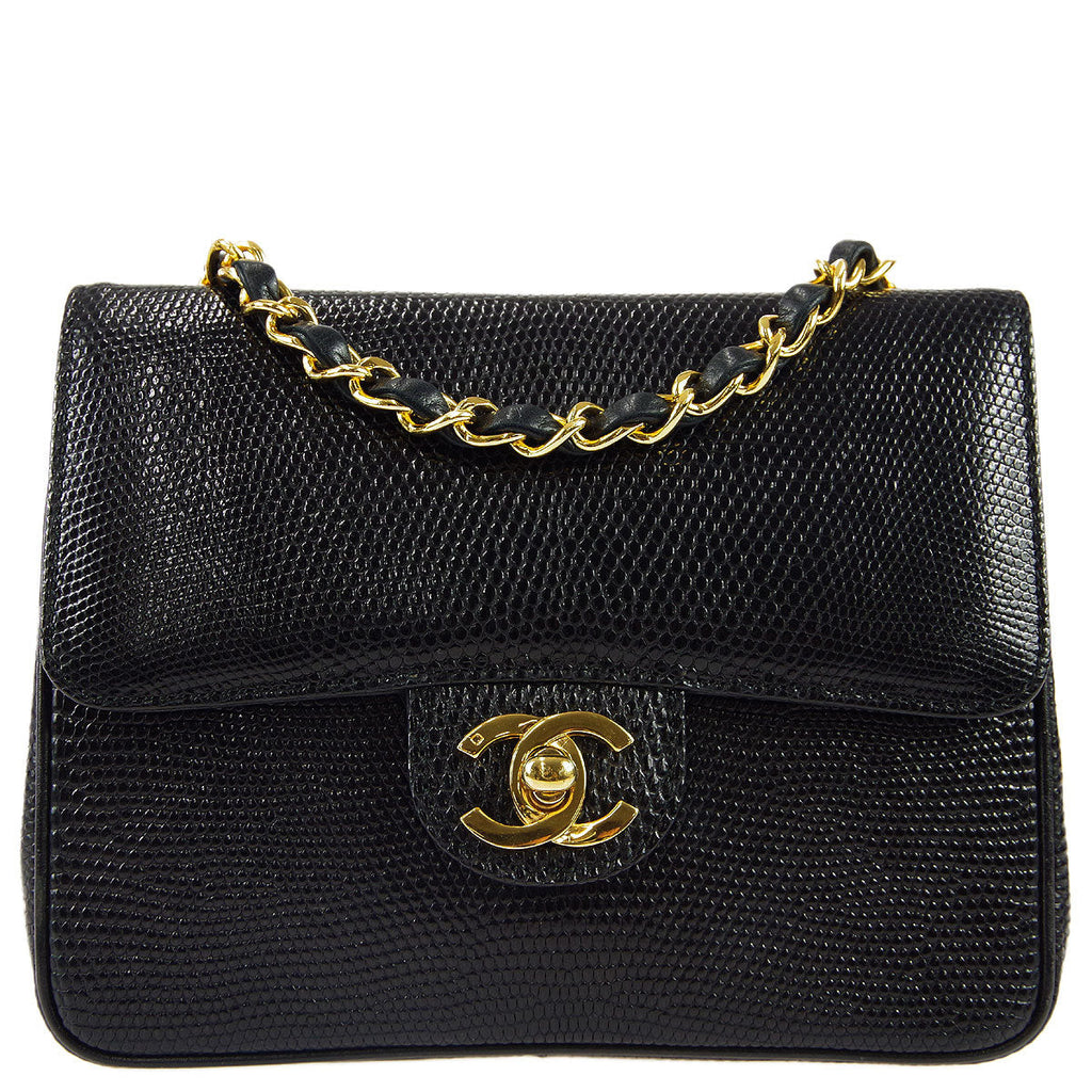 Chanel 1986 1988 Black Lizard Mini Classic Square Flap Shoulder