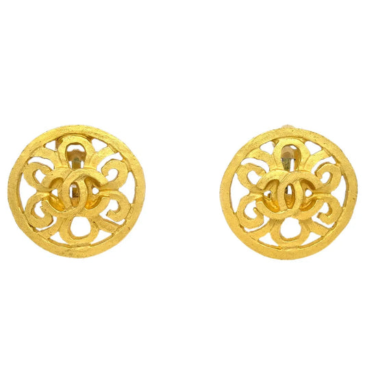 Chanel 1995 Fretwork Paisley Round Earrings Clip-On Gold