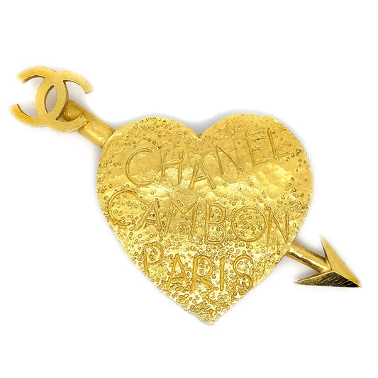 Chanel Bow And Arrow Heart Brooch Pin Gold 93P