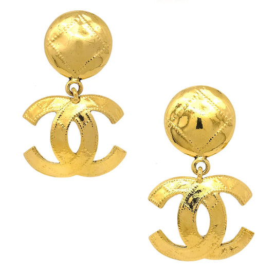 Chanel 1994 Quilted CC Dangle Earrings Clip-On Gold Small