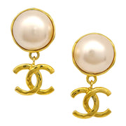 Chanel Artificial Pearl Dangle Earrings Clip-On Gold White 93P