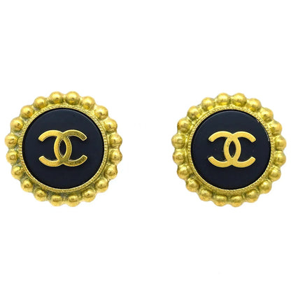Chanel Button Earrings Clip-On Black 95P