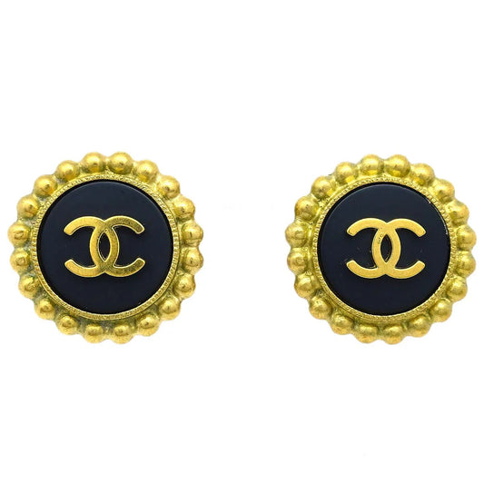 Chanel Button Earrings Clip-On Black 95P