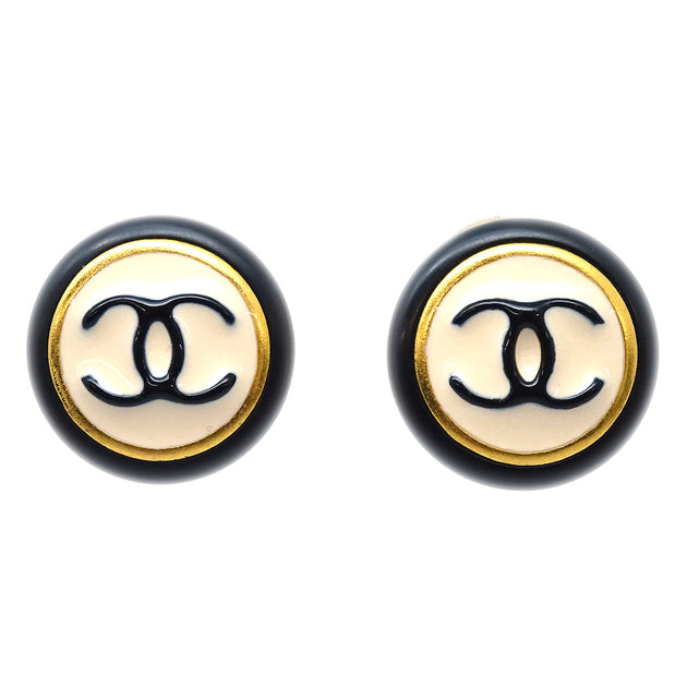 Chanel Button Earrings Clip-On Black White 97P