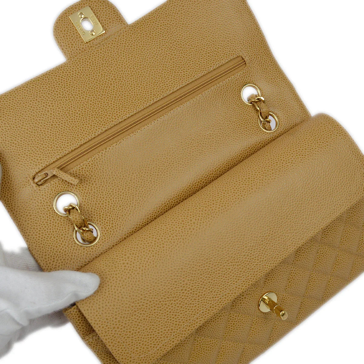 Chanel 2001-2003 Beige Caviar Medium Classic Double Flap Bag