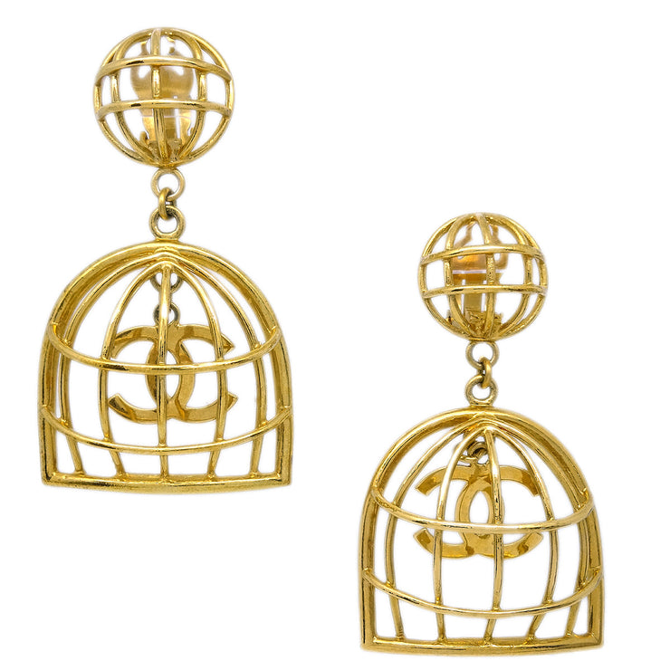 Chanel Birdcage Dangle Earrings Clip-On Gold 29