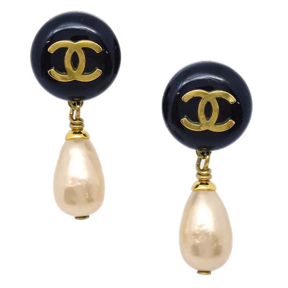 Chanel Artificial Pearl Dangle Earrings Clip-On Black 94P