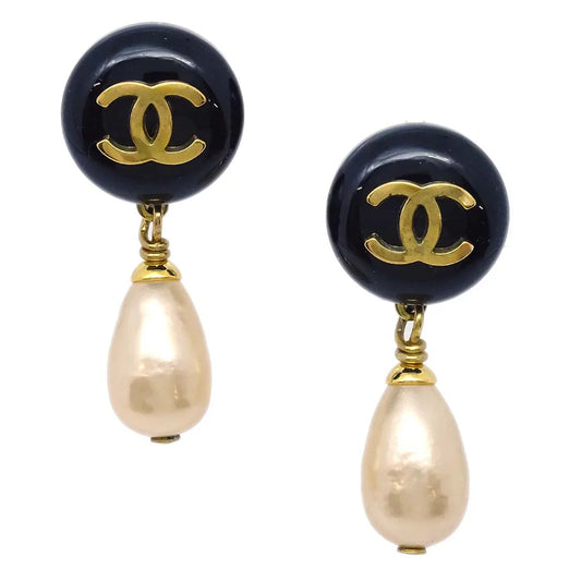 Chanel Artificial Pearl Dangle Earrings Clip-On Black 94P