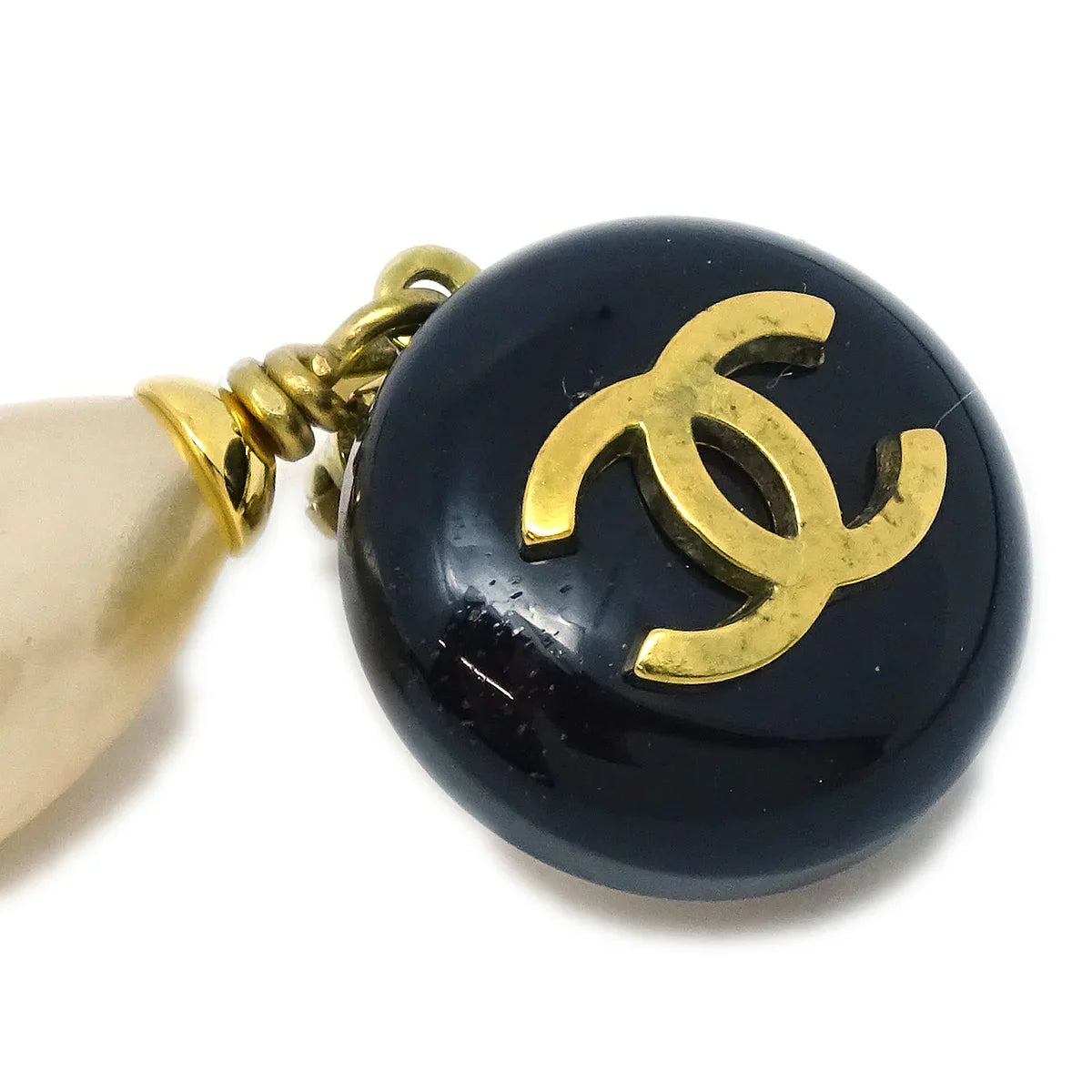 Chanel Artificial Pearl Dangle Earrings Clip-On Black 94P