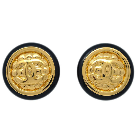Chanel Button Earrings Clip-On Black Gold