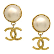 Chanel Artificial Pearl Dangle Earrings Clip-On Gold White 94A