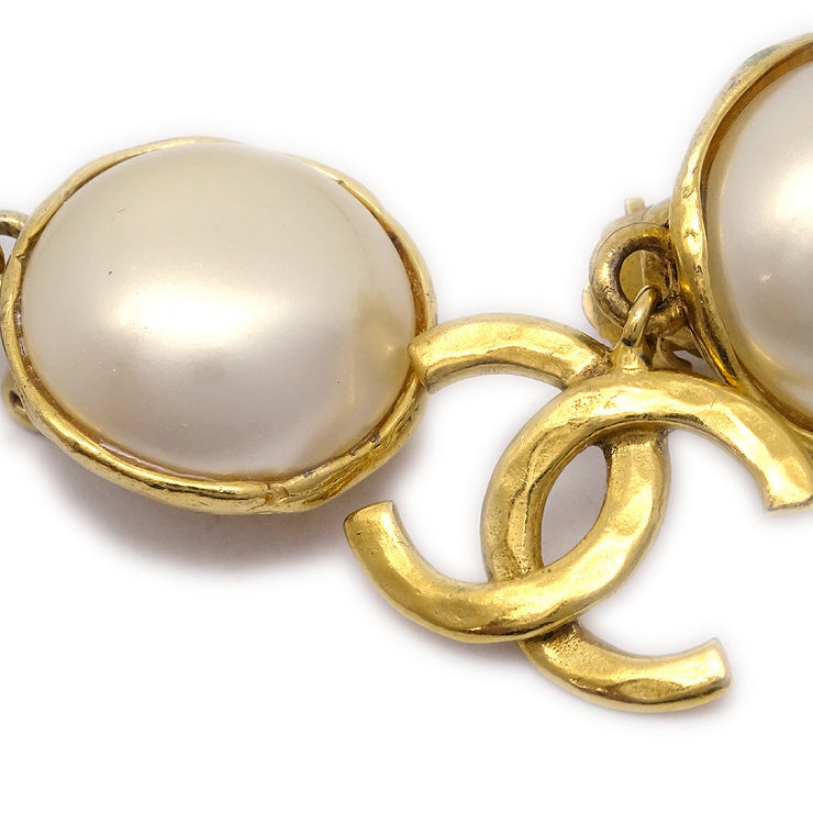 Chanel Artificial Pearl Dangle Earrings Clip-On Gold White 94A