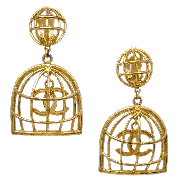 Chanel Birdcage Dangle Earrings Clip-On Gold 93A