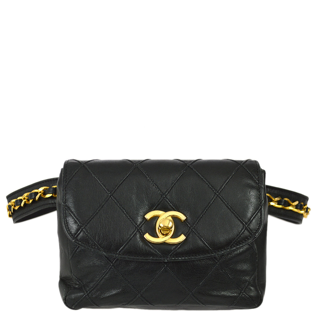 Chanel Vintage black lamb leather waist bag / fanny pack with double buckle  belt