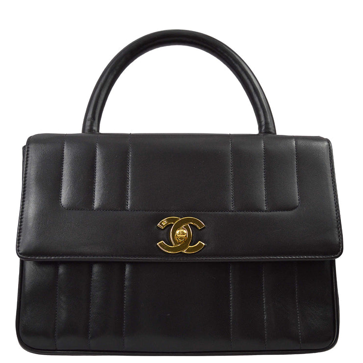 Chanel 1994-1996 Black Lambskin Mademoiselle Straight Flap Top Handle Bag