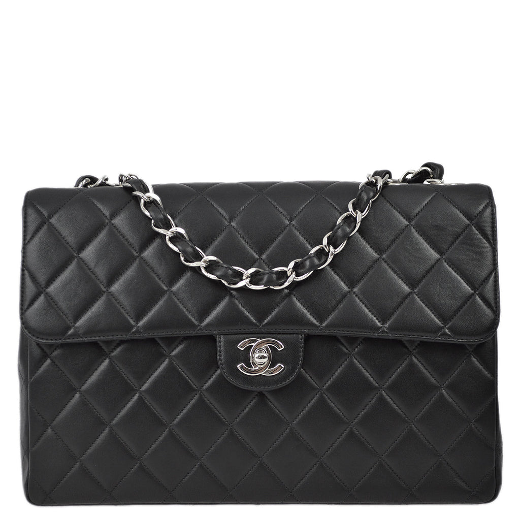 Chanel 2000-2001 Black Lambskin Jumbo Classic Flap Shoulder Bag