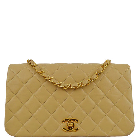 Chanel 1989-1991 Beige Lambskin Turnlock Small Full Flap Shoulder Bag