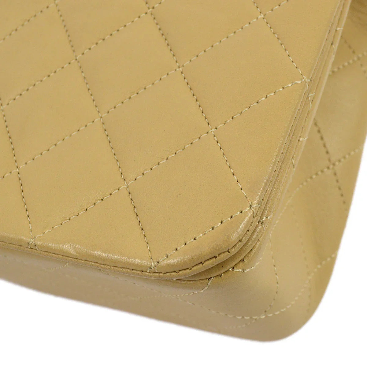 Chanel 1989-1991 Beige Lambskin Turnlock Small Full Flap Shoulder Bag