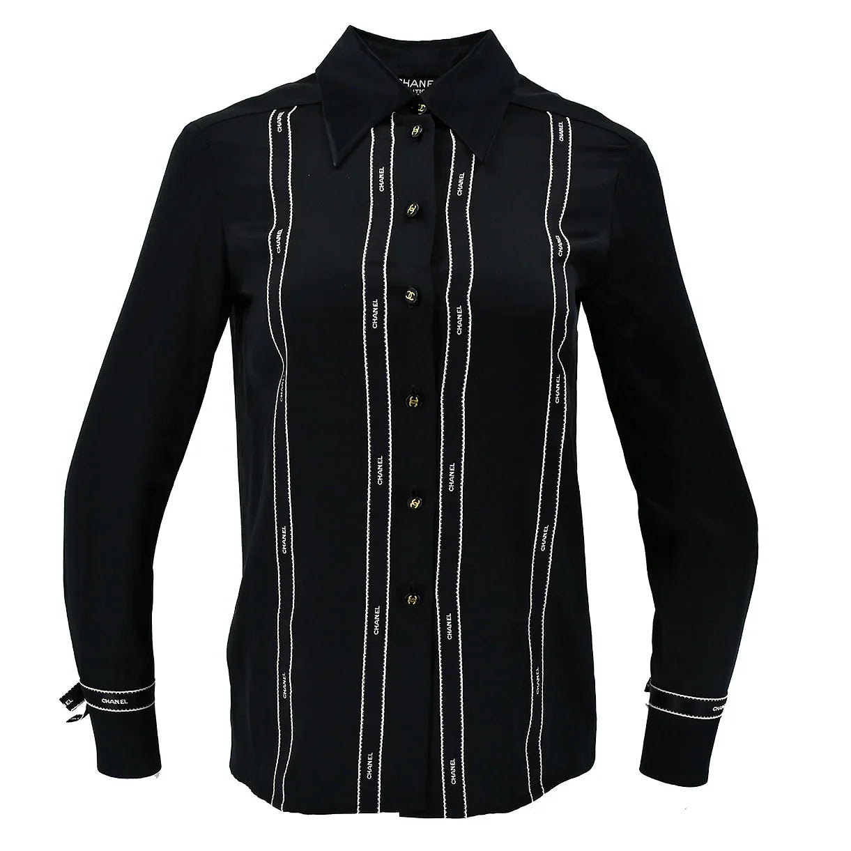 Chanel Ribbon Blouse Shirt Black 94A #36