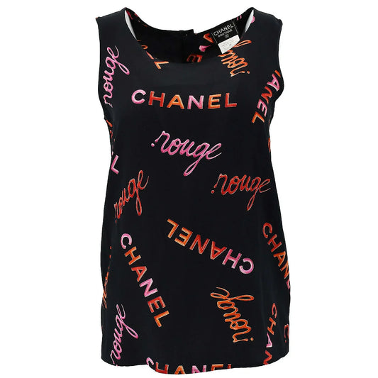 Chanel 1996 Spring Rouge Logo Pattern Sleeveless Silk Blouse #38