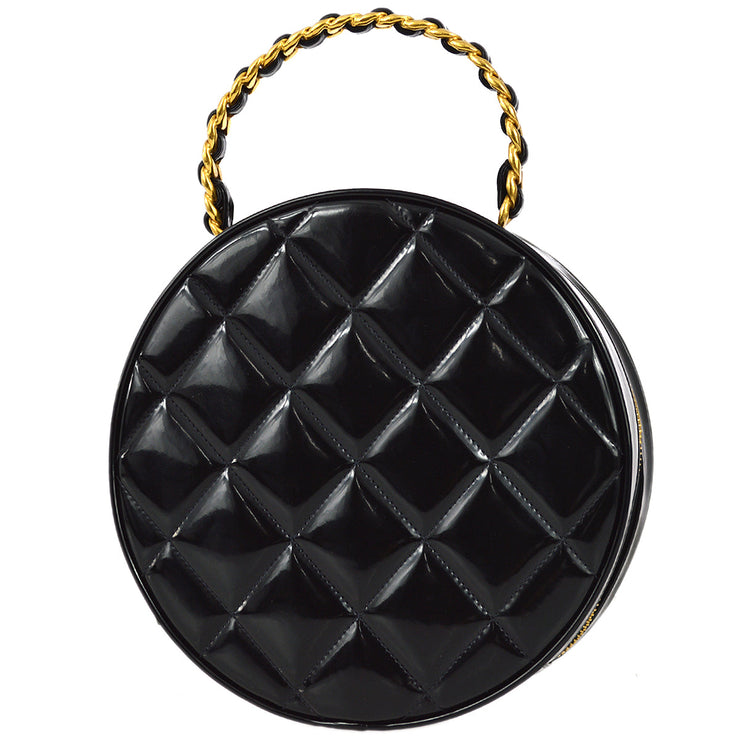 Chanel 1994-1996 Black Patent Leather Round Vanity Handbag