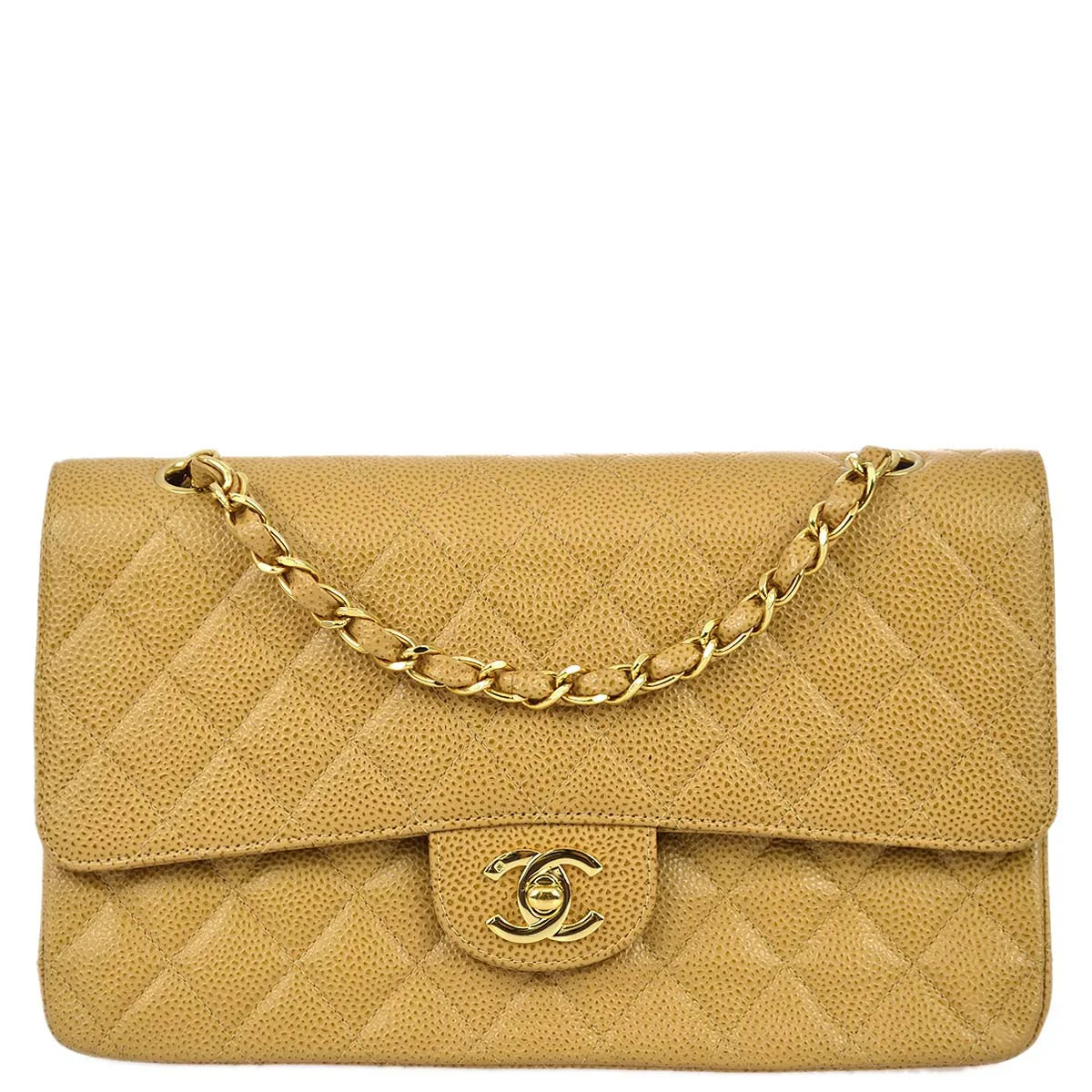 Chanel 2001-2003 Beige Caviar Medium Classic Double Flap Bag