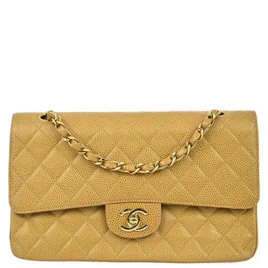 Chanel 2001-2003 Beige Caviar Medium Classic Double Flap Bag