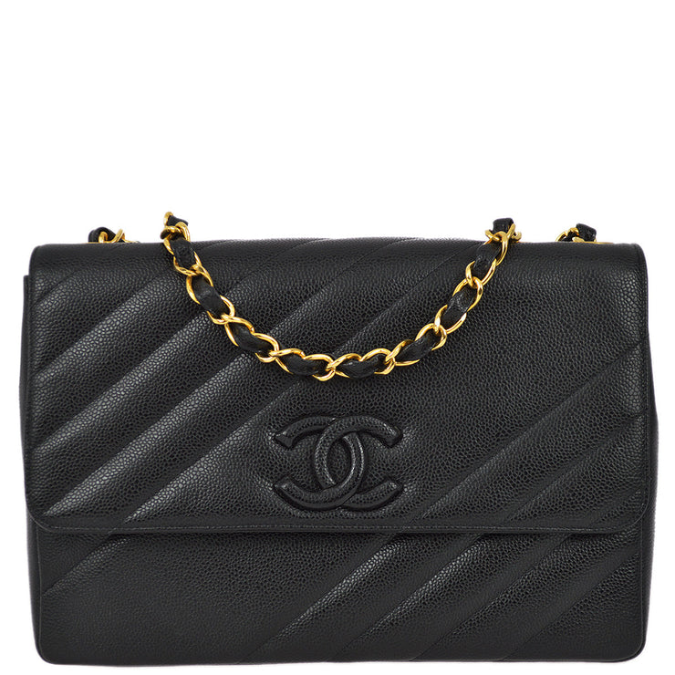 Chanel 1994-1996 Black Caviar Straight Flap Jumbo Shoulder Bag