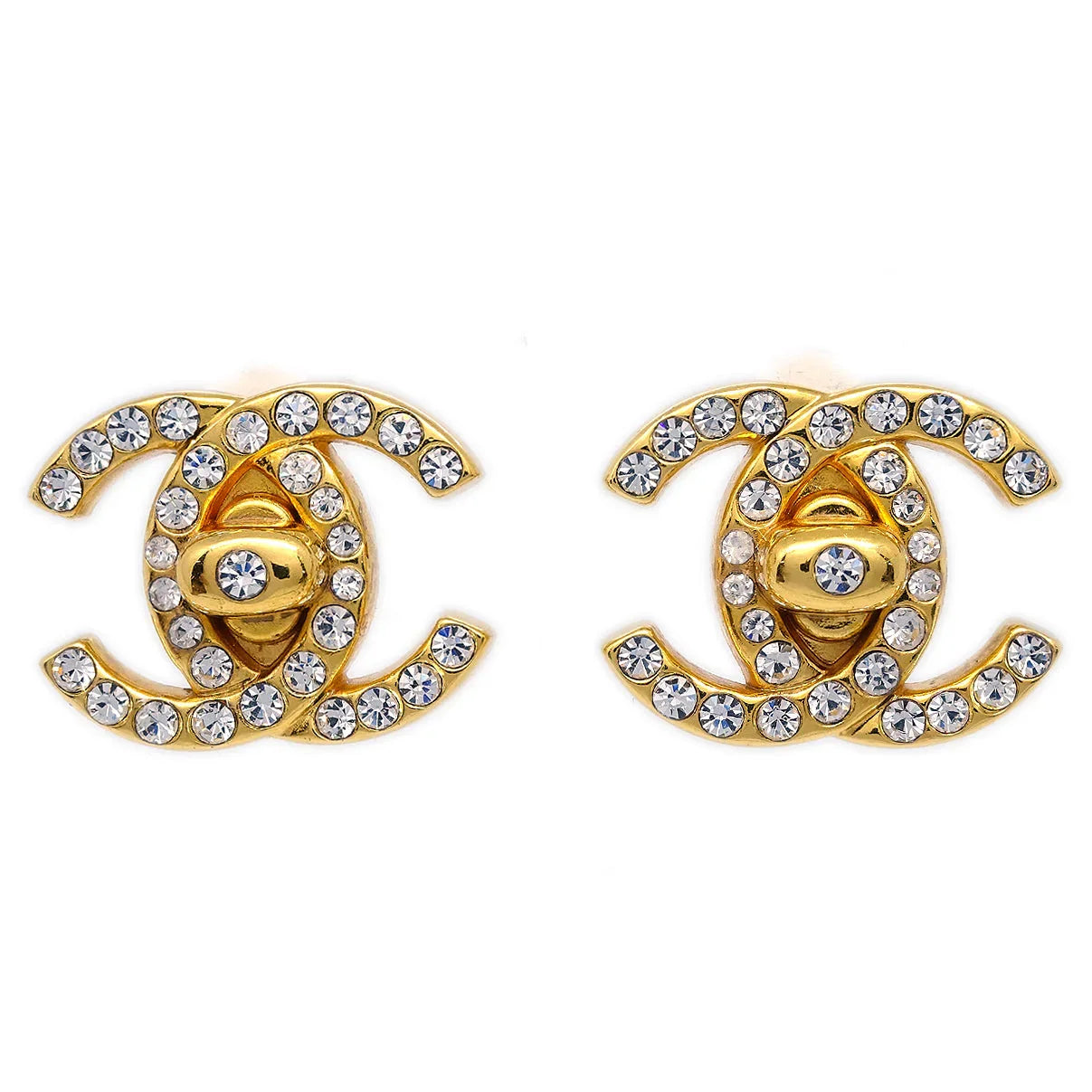 Chanel Rhinestone Turnlock Earrings Gold Small 96A