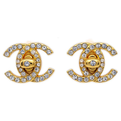 Chanel Rhinestone Turnlock Earrings Gold Small 96A