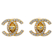 Chanel Rhinestone Turnlock Earrings Gold Small 96A