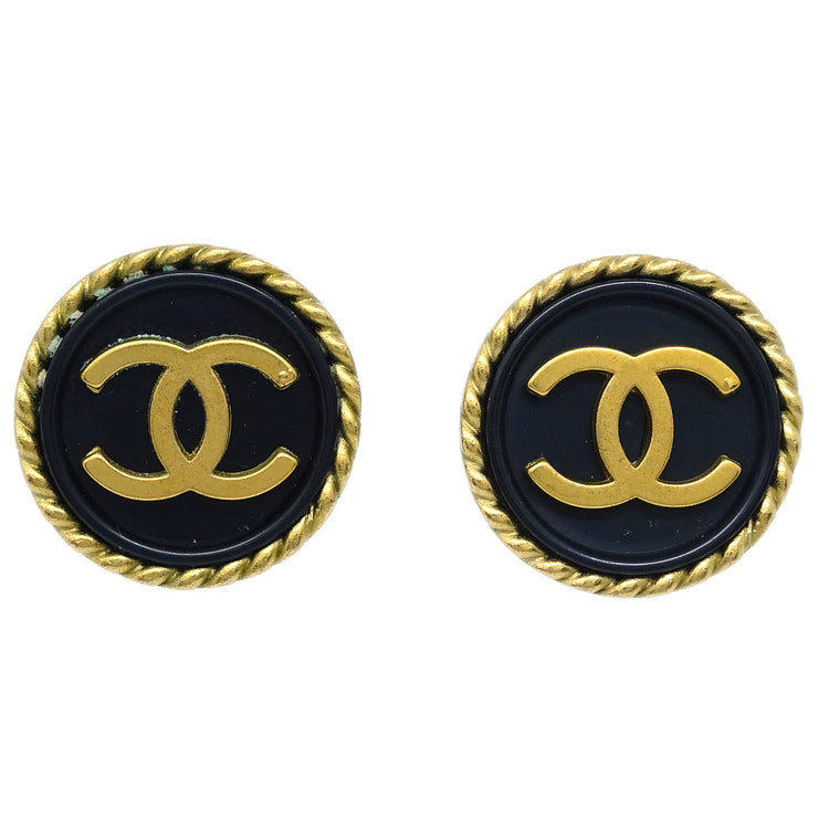 Chanel 1994 Gold & Black 'CC' Rope Edge Button Earrings