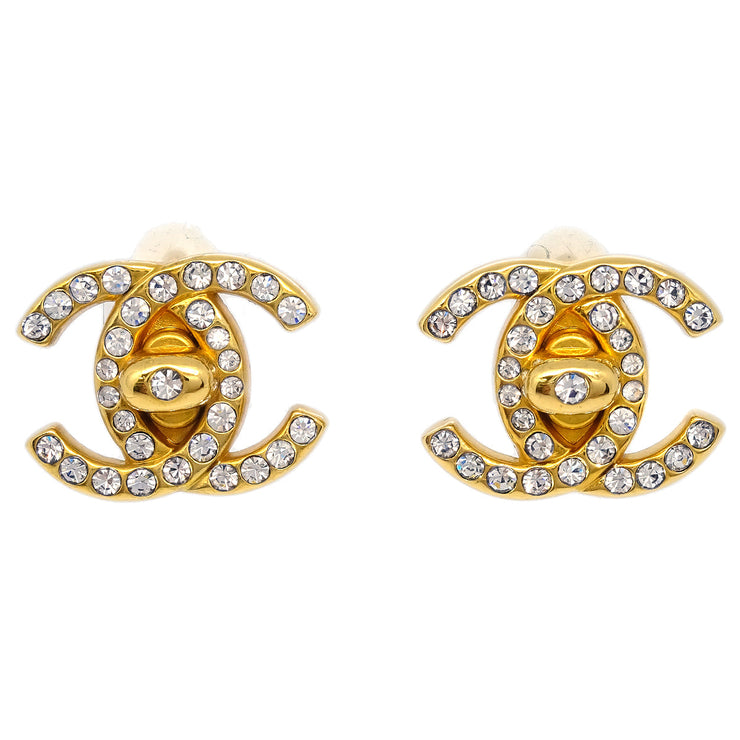 Chanel Rhinestone Turnlock Earrings Gold Small 96A