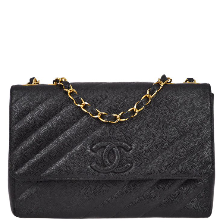 Chanel 1994-1996 Black Caviar Straight Flap Jumbo Shoulder Bag