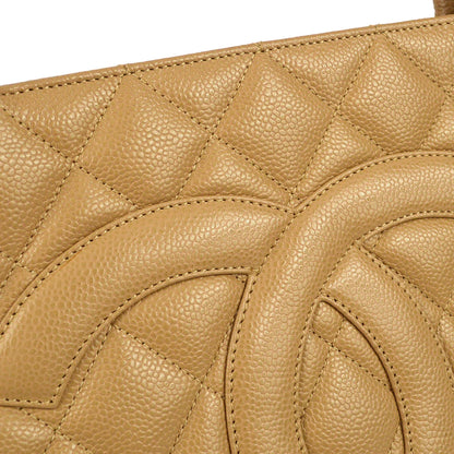 Chanel 2001-2003 Beige Caviar Medallion Tote Handbag