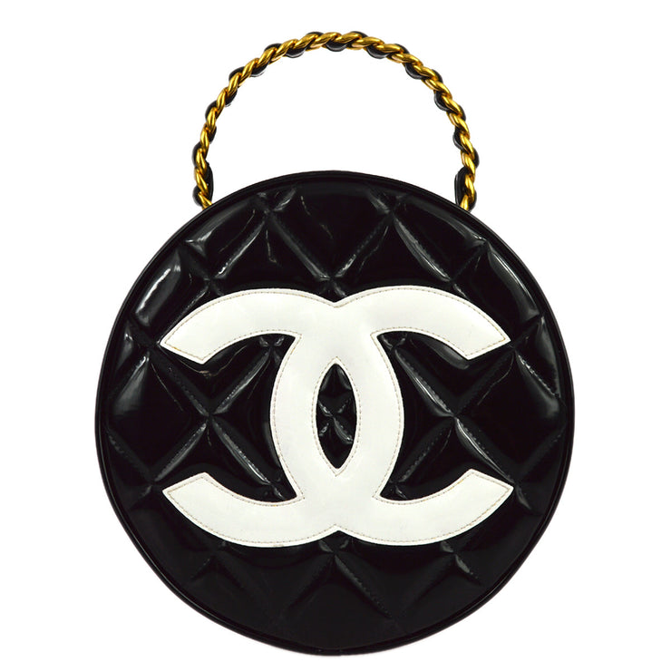 Chanel 1994-1996 Black Patent Leather Round Vanity Handbag