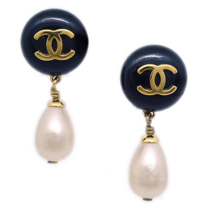 Chanel Artificial Pearl Dangle Earrings Clip-On Black 95P